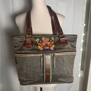 Consuela Brown and Red Floral Embroidered Tote